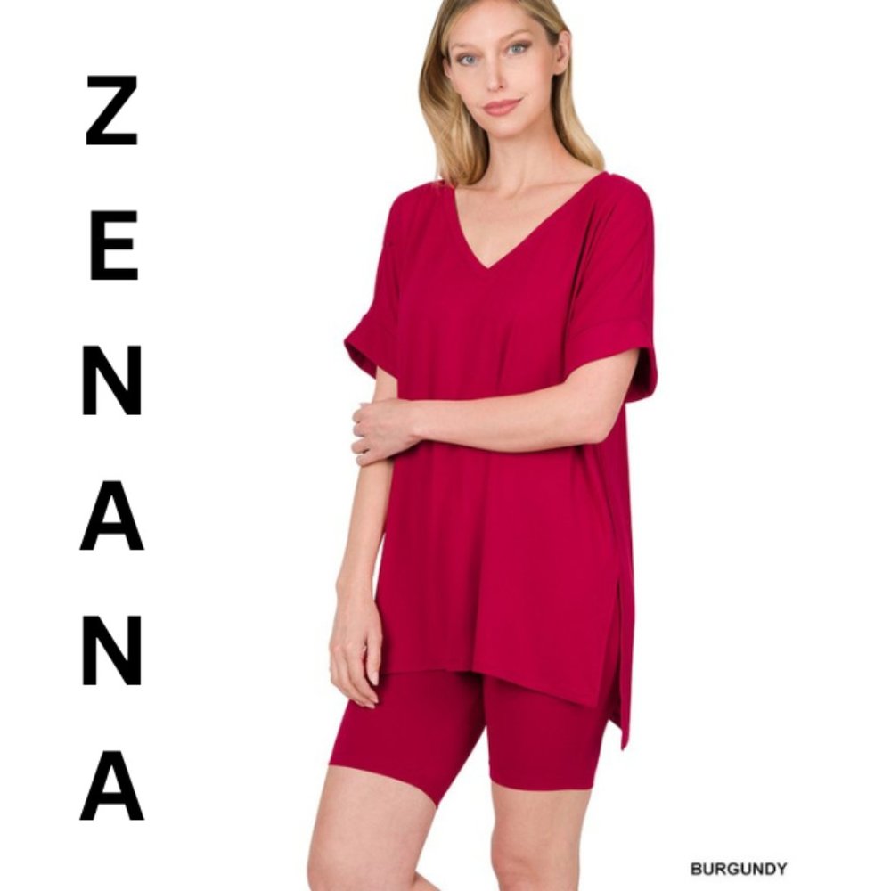 Zenana Brushed DTY Microfiber V-Neck Top & Biker Shorts